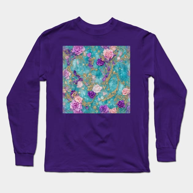 Amethyst, Rose Quartz and Roses Pattern Long Sleeve T-Shirt by PurplePeacock